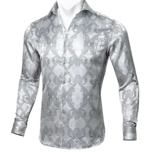 Barry.Wang Teal Paisley Floral Silk Shirts Men Autumn Long Sleeve Casual  Flower Shirts for Men Designer Fit Dress Shirt BCY-05
