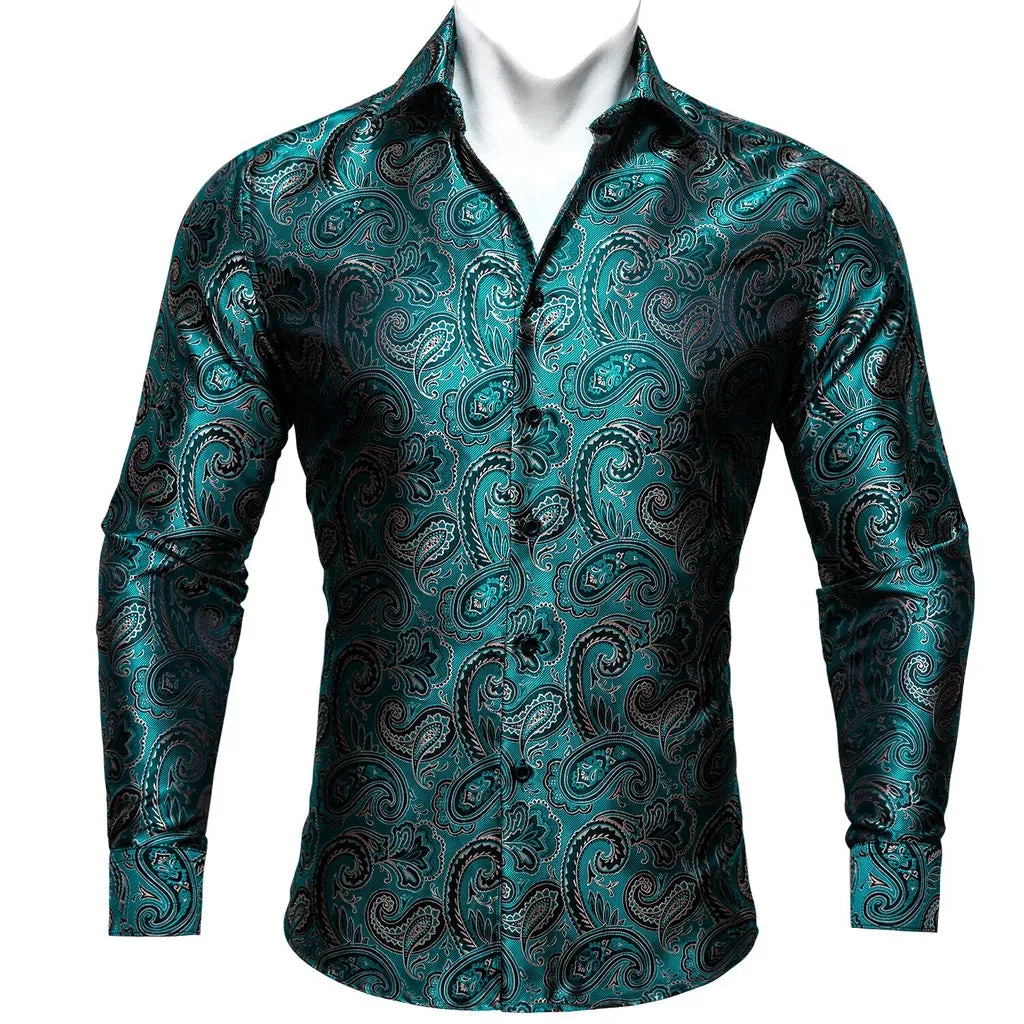 Barry.Wang Teal Paisley Floral Silk Shirts Men Autumn Long Sleeve Casual  Flower Shirts for Men Designer Fit Dress Shirt BCY-05