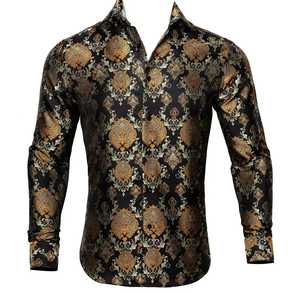 Barry.Wang Teal Paisley Floral Silk Shirts Men Autumn Long Sleeve Casual  Flower Shirts for Men Designer Fit Dress Shirt BCY-05