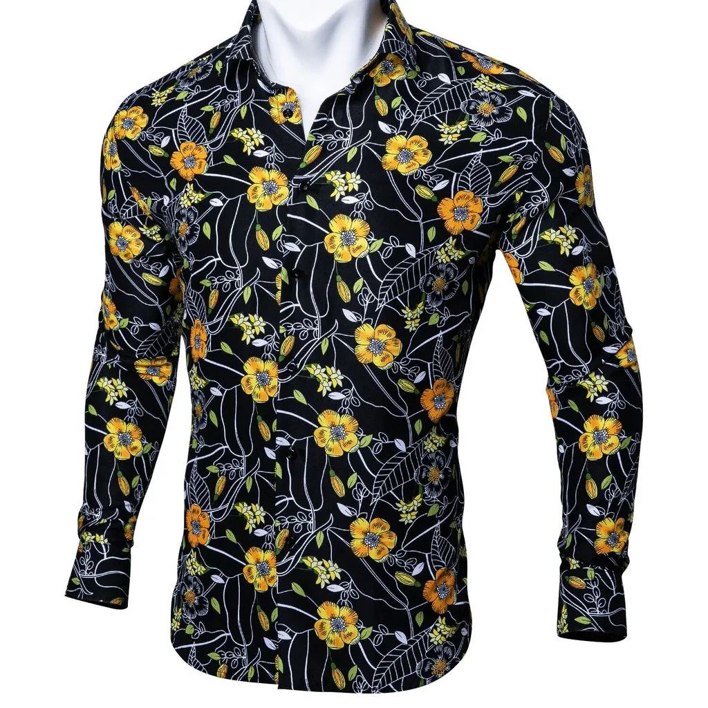 Barry.Wang Teal Paisley Floral Silk Shirts Men Autumn Long Sleeve Casual  Flower Shirts for Men Designer Fit Dress Shirt BCY-05