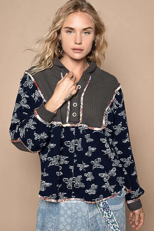 Butterfly Waffle-Knit Half Button Knit Top
