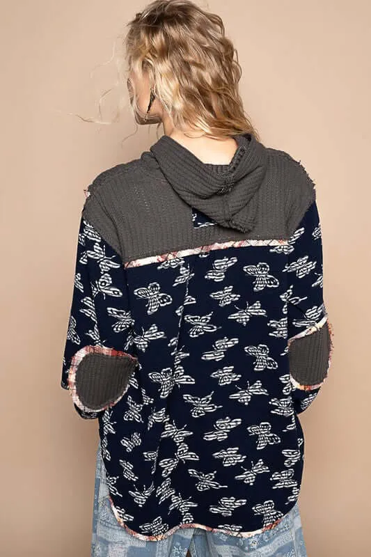 Butterfly Waffle-Knit Half Button Knit Top