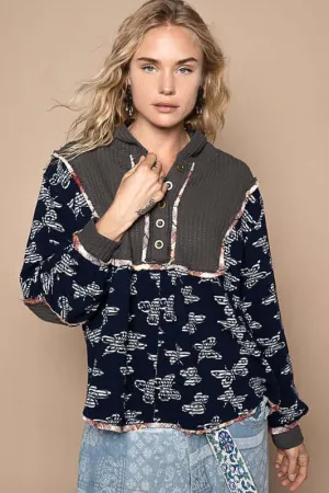 Butterfly Waffle-Knit Half Button Knit Top