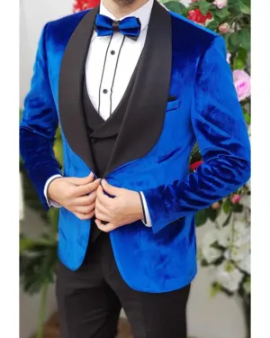 Classic Royal Blue Velvet Smoking Jackets for Men ,3 Pieces Tuxedo Suits traje de novio CB1019