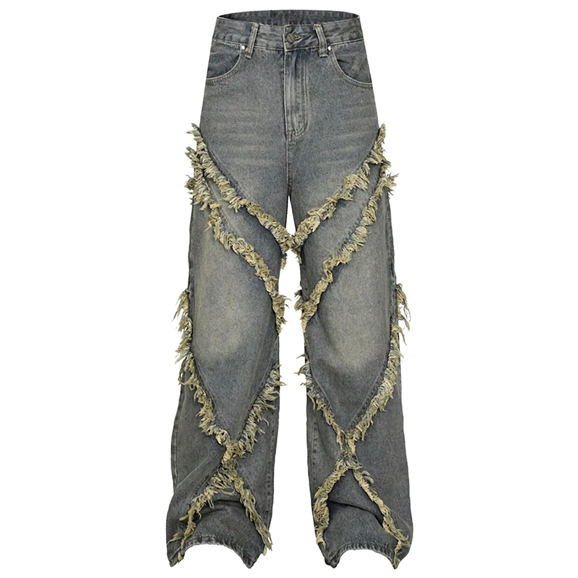 Frayed Edge Cross Stitch Flared Denim Jeans