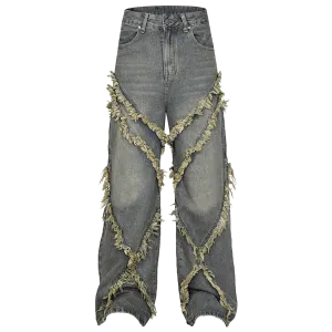 Frayed Edge Cross Stitch Flared Denim Jeans
