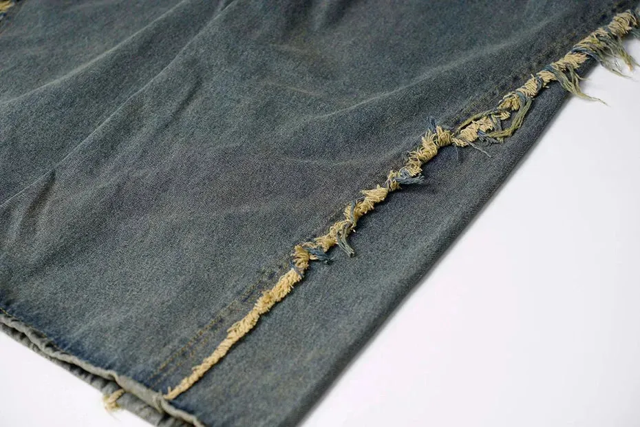 Frayed Edge Cross Stitch Flared Denim Jeans