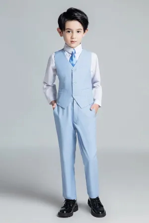 Light Blue Formal Classic 4 Piece Boy's Formal Suits With Vest Pants Shirt Tie