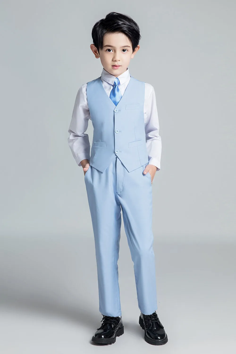 Light Blue Formal Classic 4 Piece Boy's Formal Suits With Vest Pants Shirt Tie