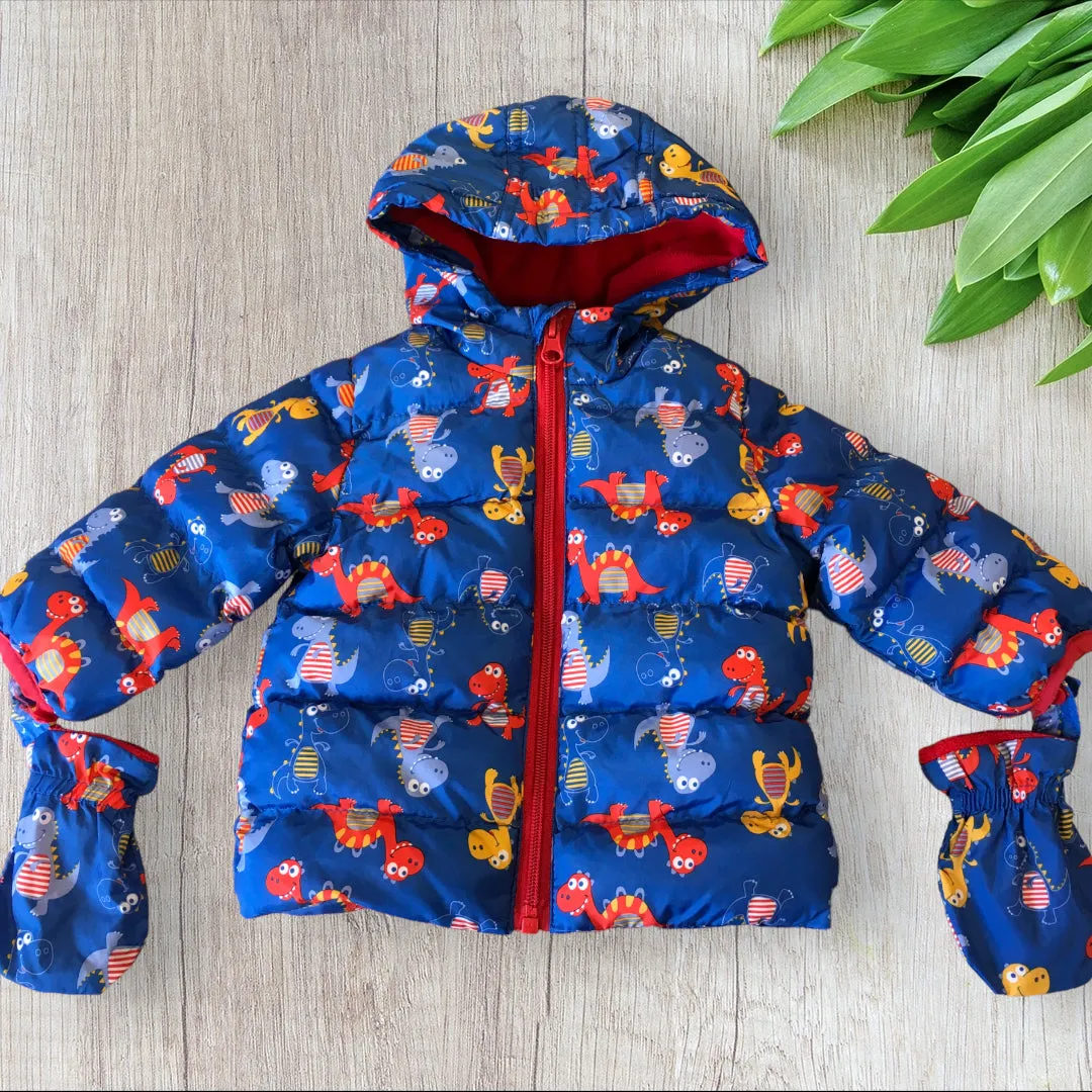 M&Co Blue Zip Up Hooded Coat & Mittens Dinosaur Print - Boys 3-6m
