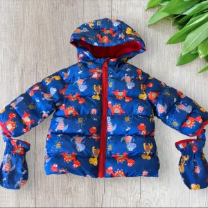 M&Co Blue Zip Up Hooded Coat & Mittens Dinosaur Print - Boys 3-6m