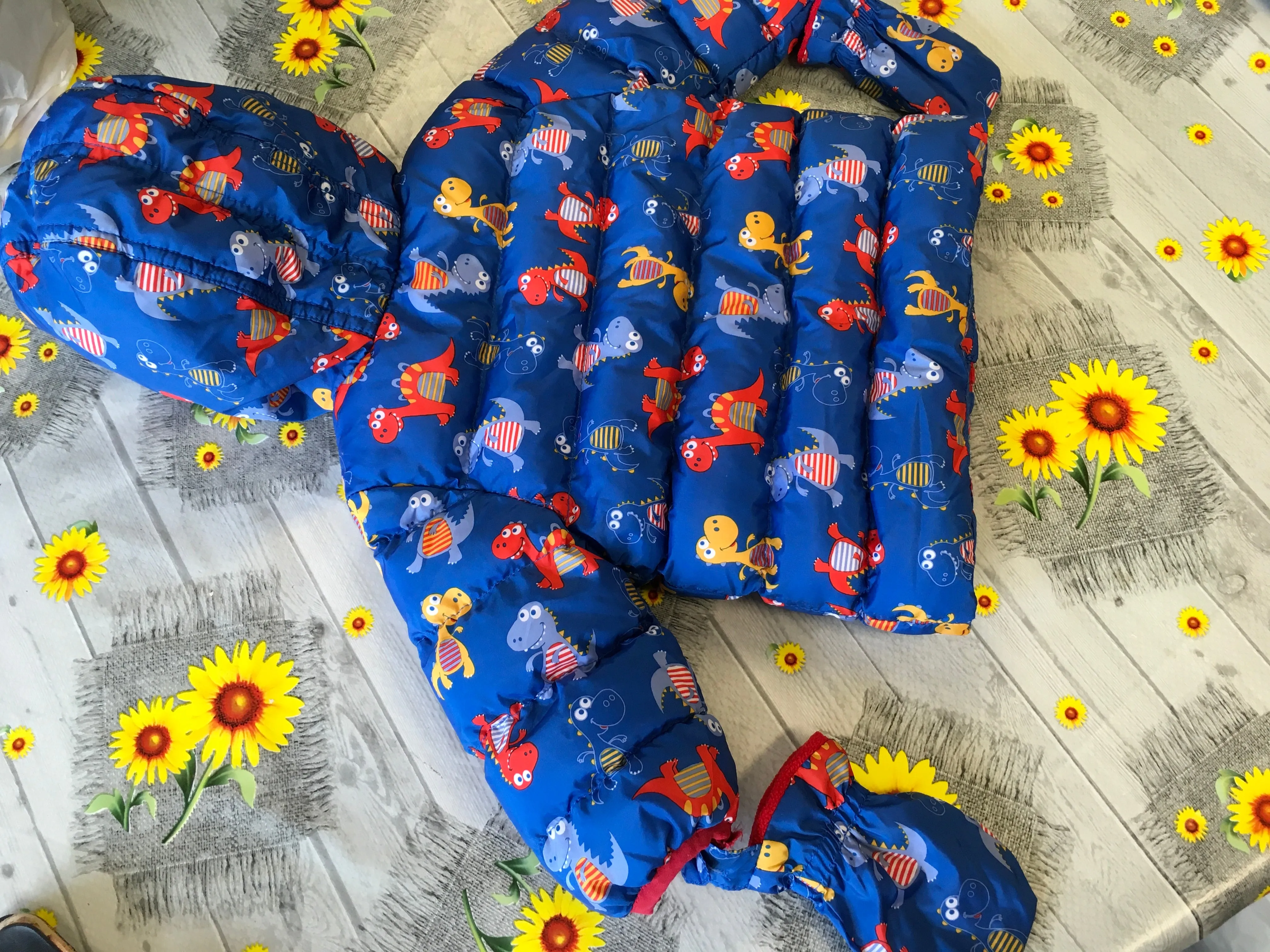M&Co Blue Zip Up Hooded Coat & Mittens Dinosaur Print - Boys 3-6m