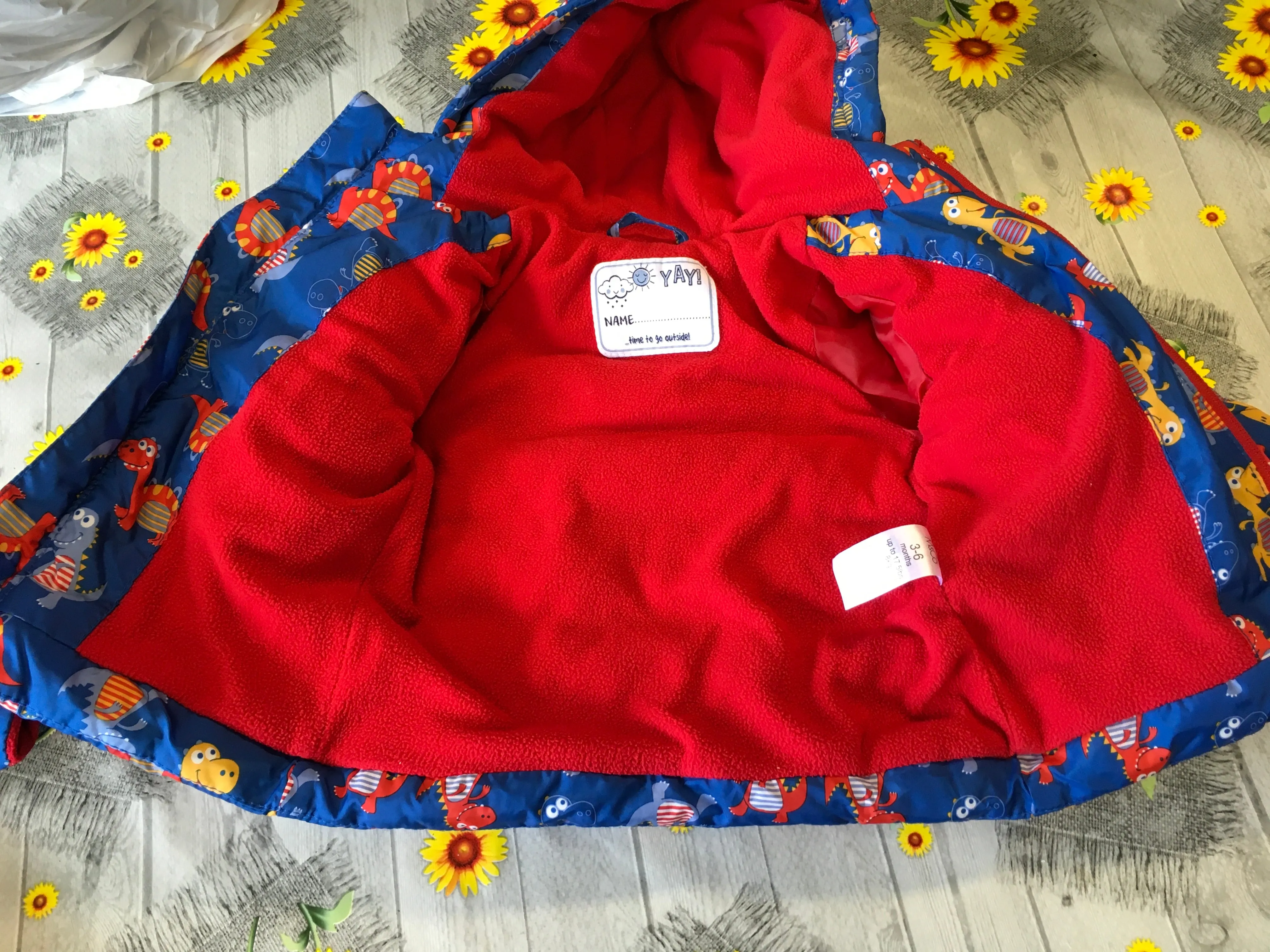 M&Co Blue Zip Up Hooded Coat & Mittens Dinosaur Print - Boys 3-6m