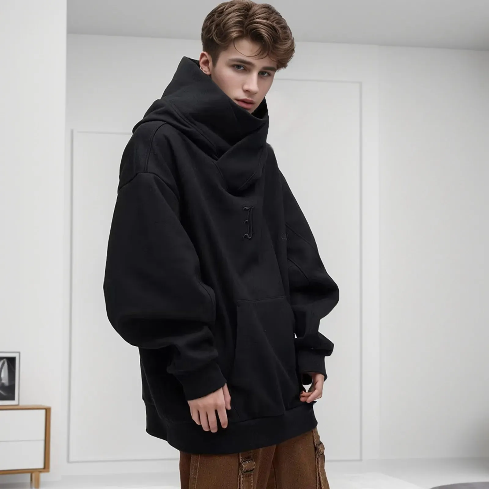 Men Turtleneck Hip Hop Hooded Sweatshirts Spring Fall Warm Solid Color Oversize Casual Hoodies High Street Versatile Jacket Tops
