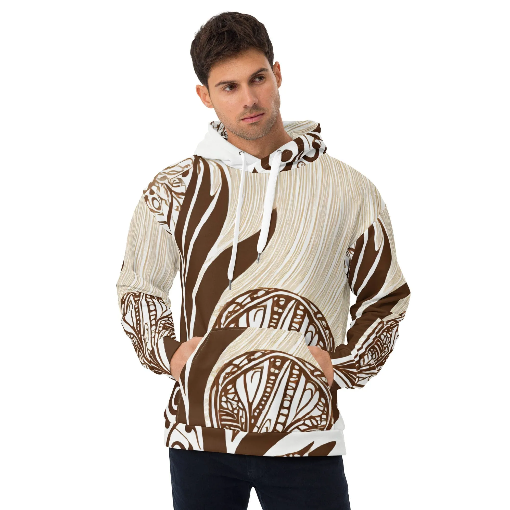 Mens Graphic Hoodie Brown Floral Lines