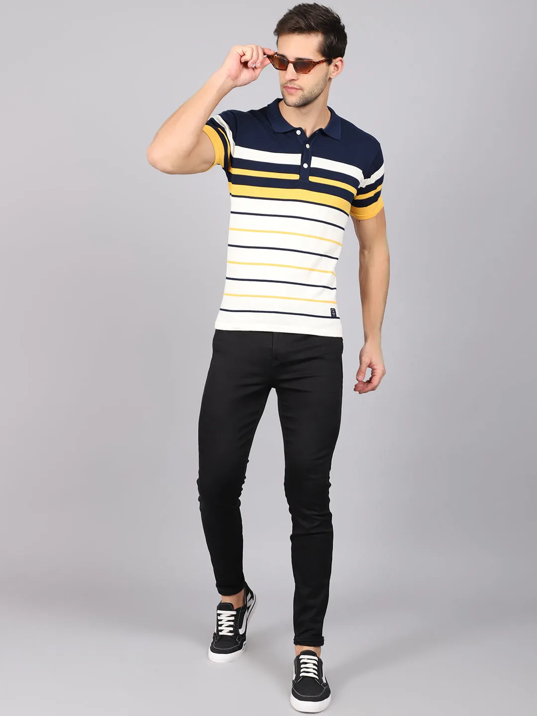 Men's Yellow Placement Stripe Polo neck Half Sleeve Flatknit T-Shirt