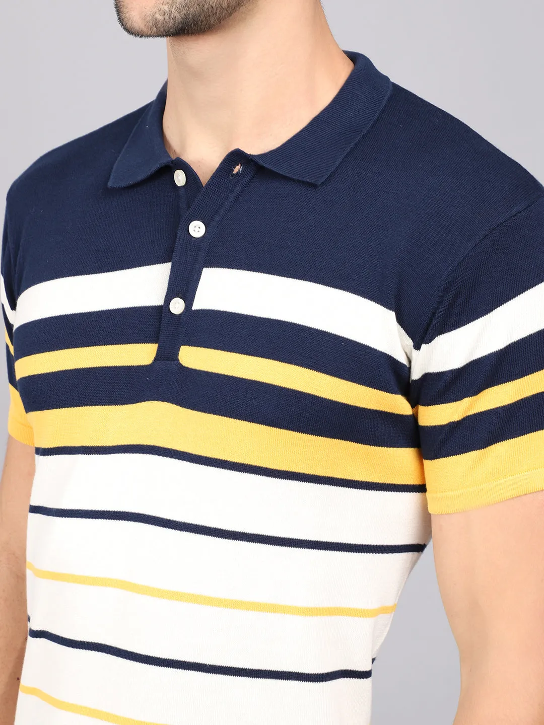 Men's Yellow Placement Stripe Polo neck Half Sleeve Flatknit T-Shirt