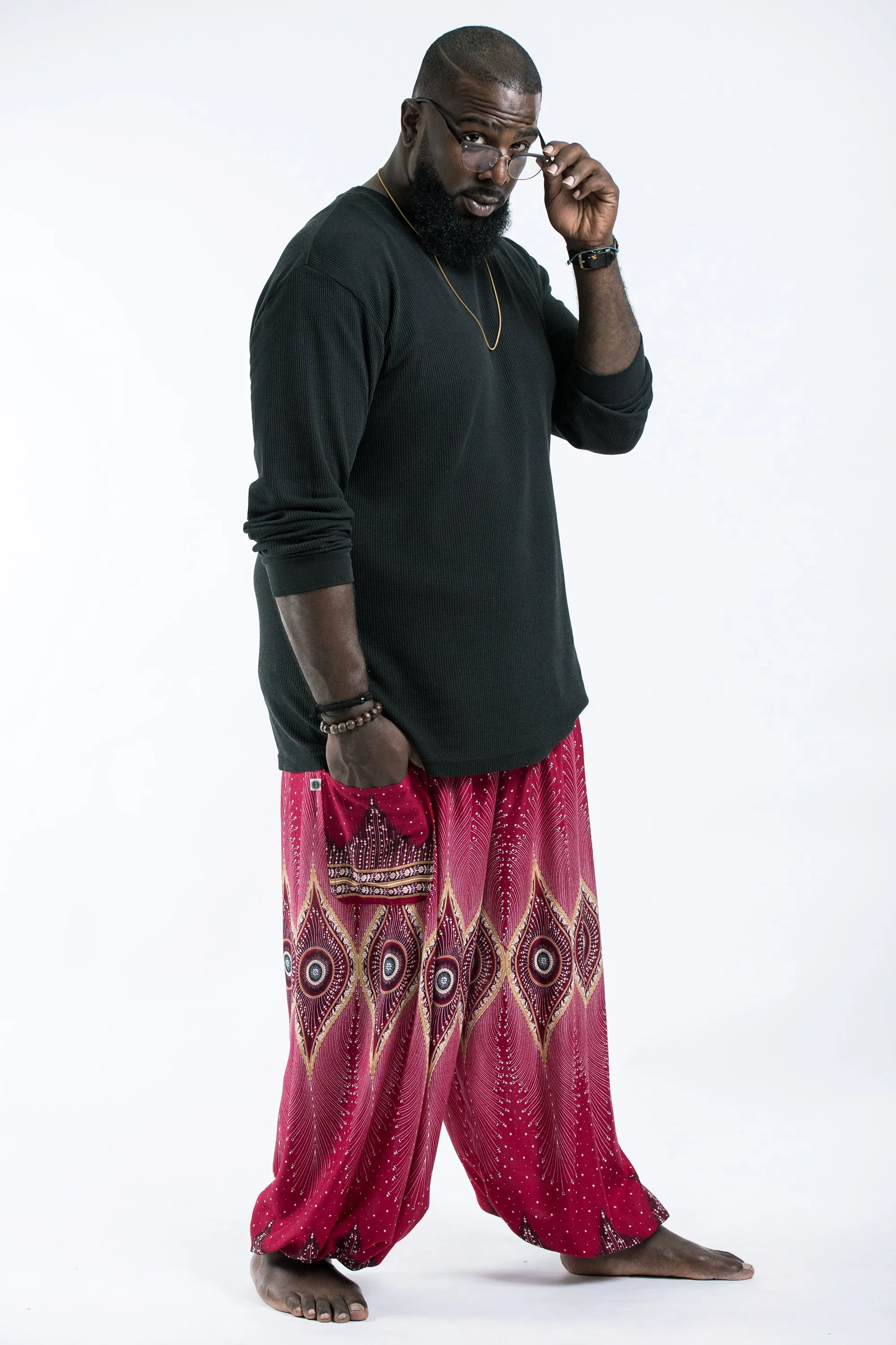 Plus Size Diamond Peacock Men's Harem Pants in Red