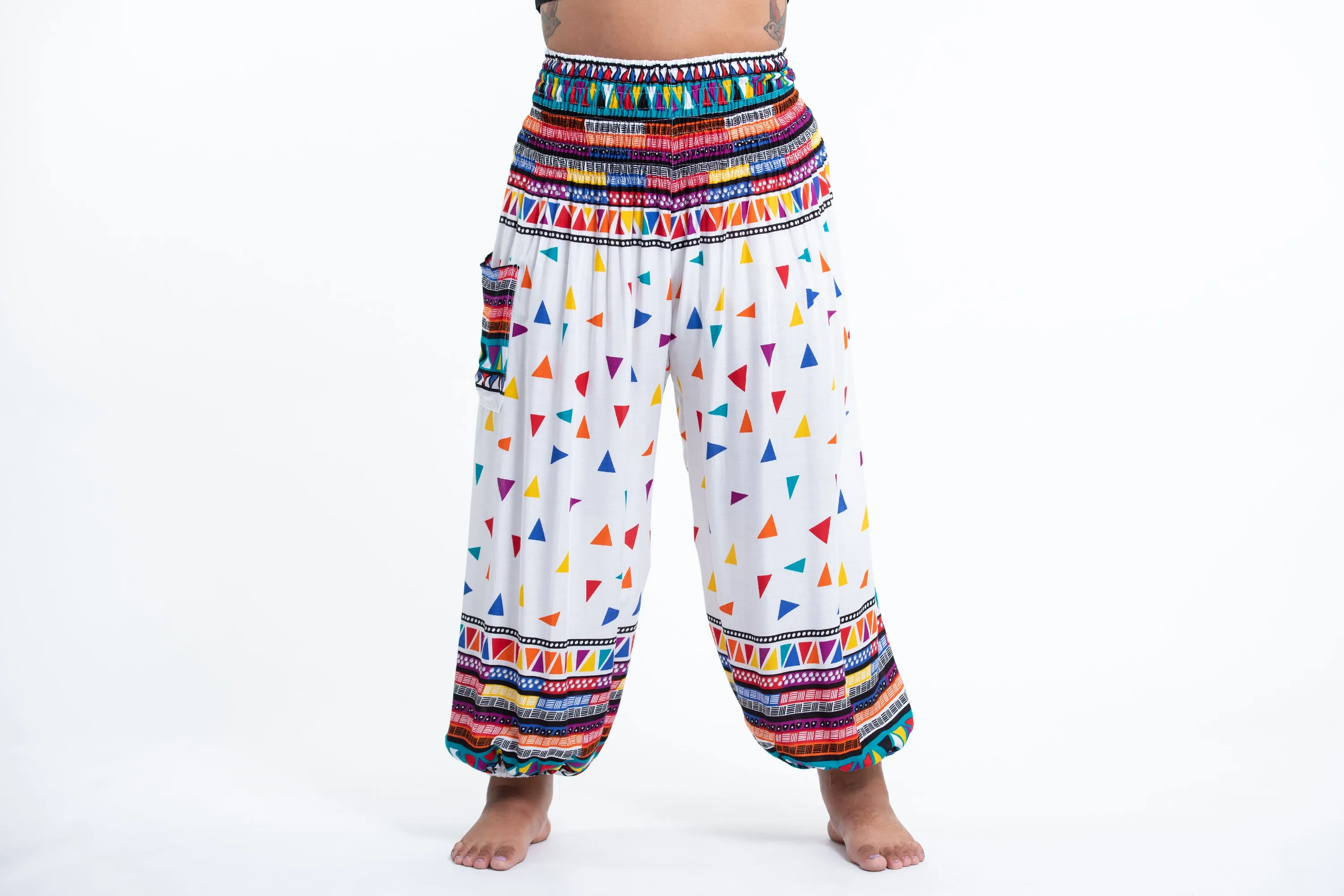 Plus Size Triangles Women's Harem Pants in White