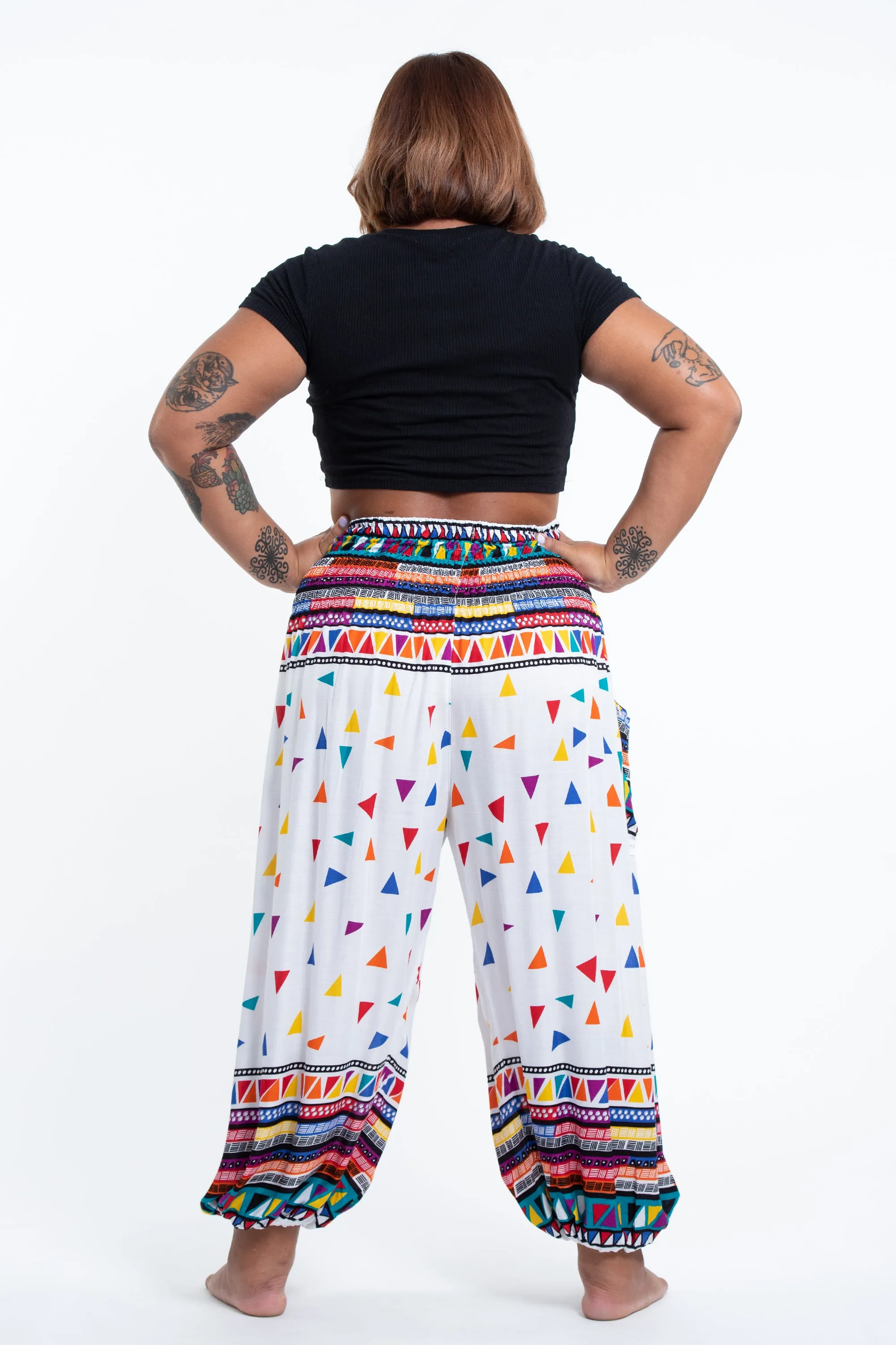 Plus Size Triangles Women's Harem Pants in White