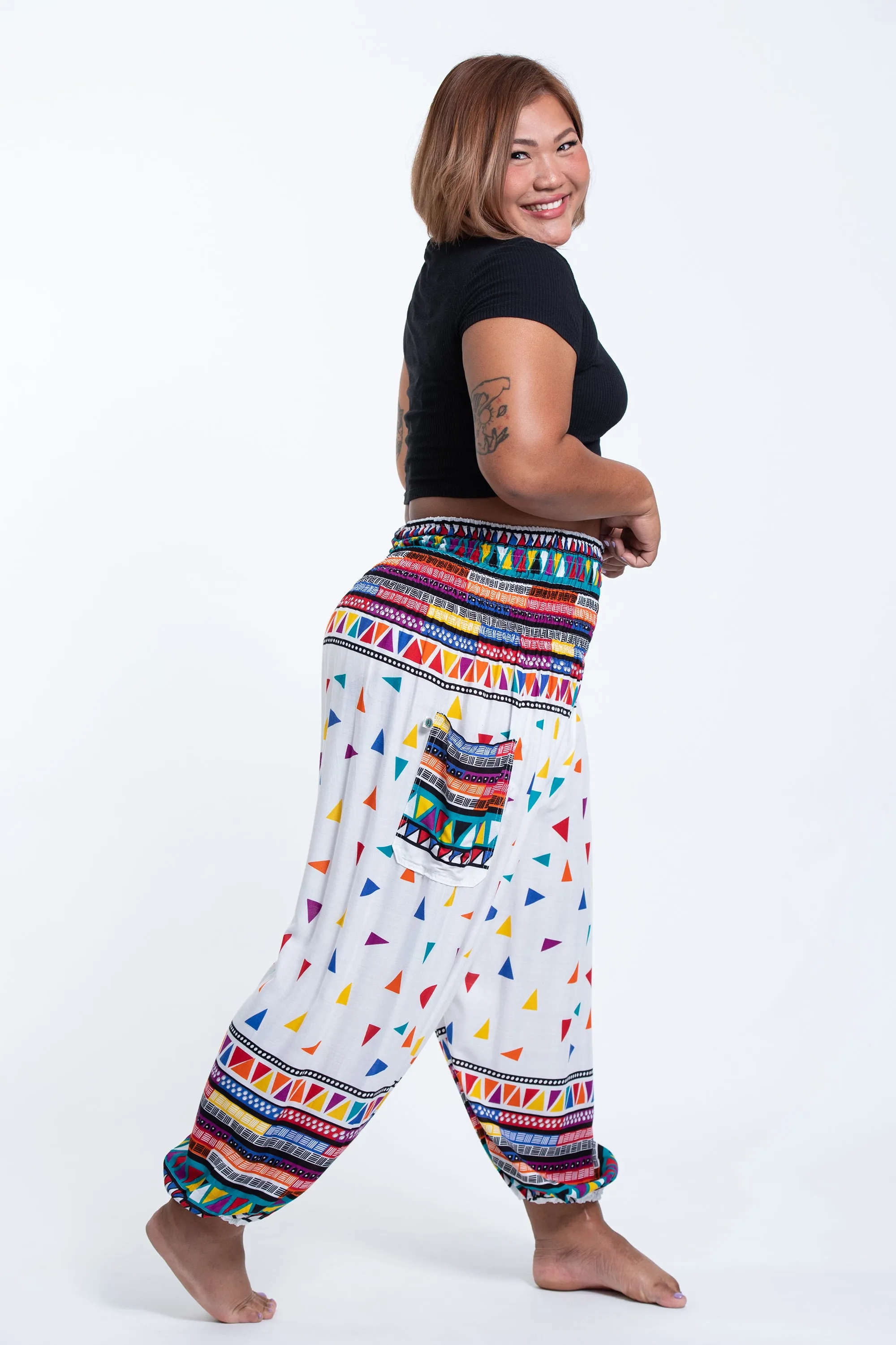 Plus Size Triangles Women's Harem Pants in White