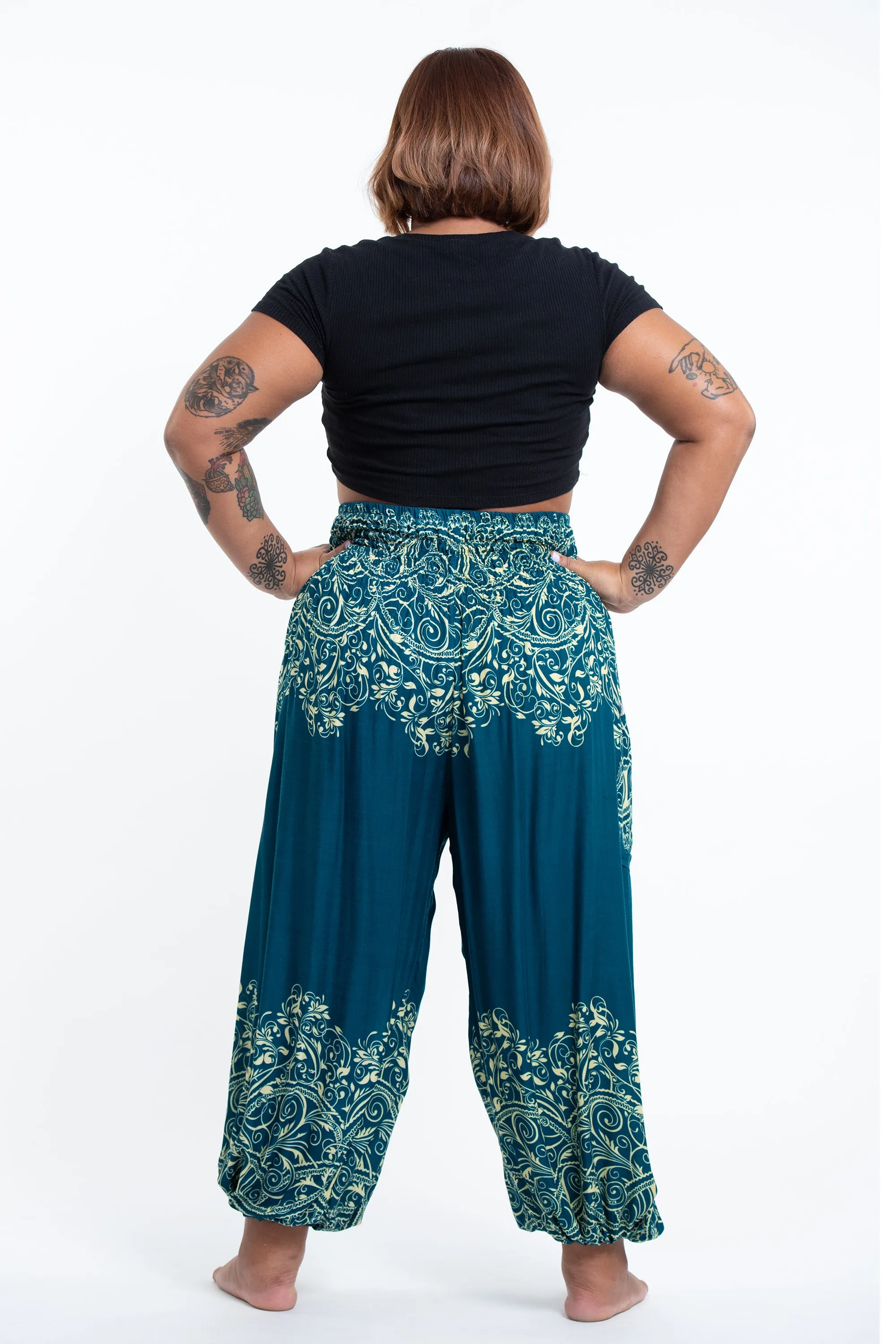 Plus Size Vines Women's Harem Pants in Turquoise