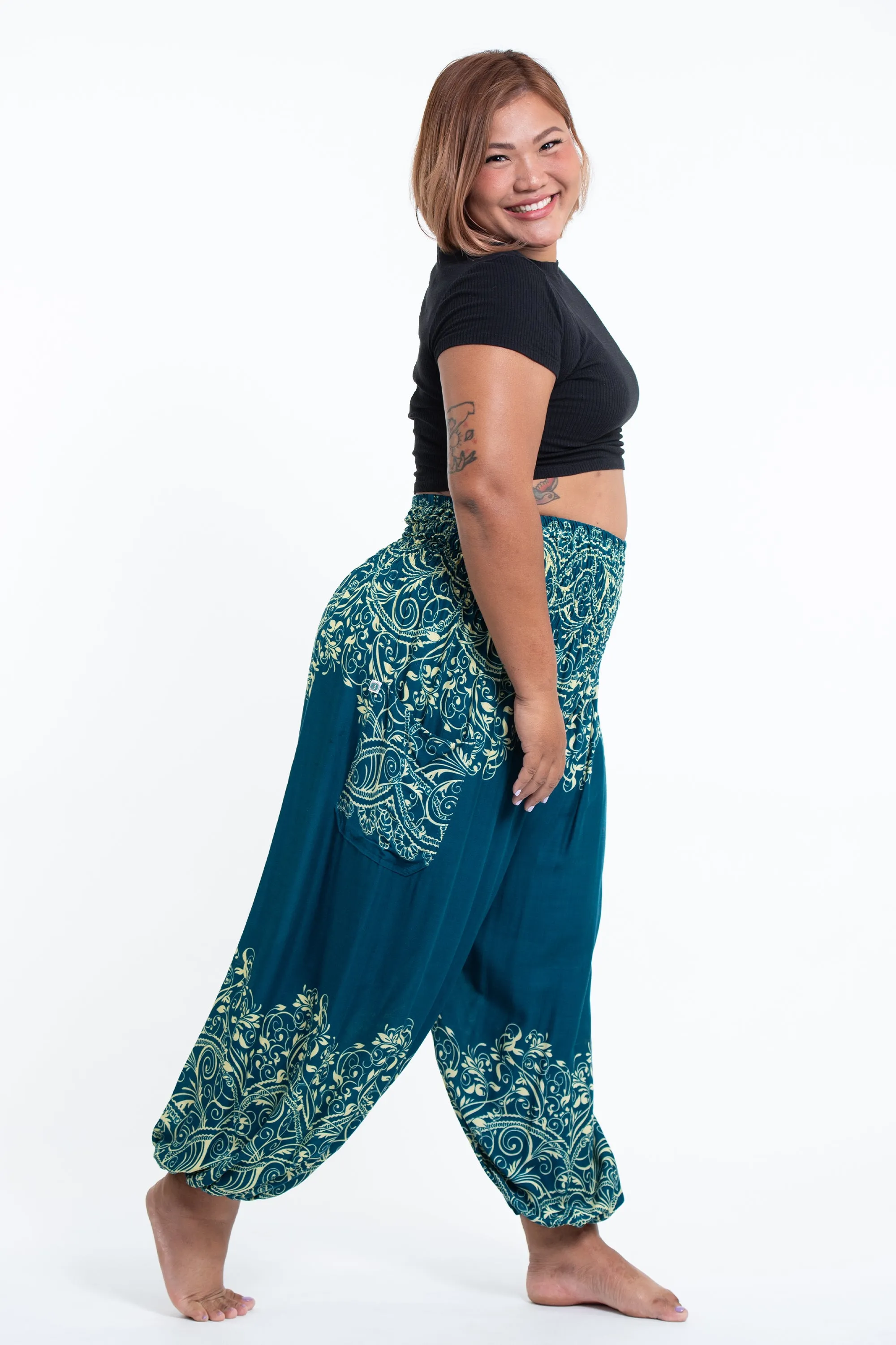 Plus Size Vines Women's Harem Pants in Turquoise