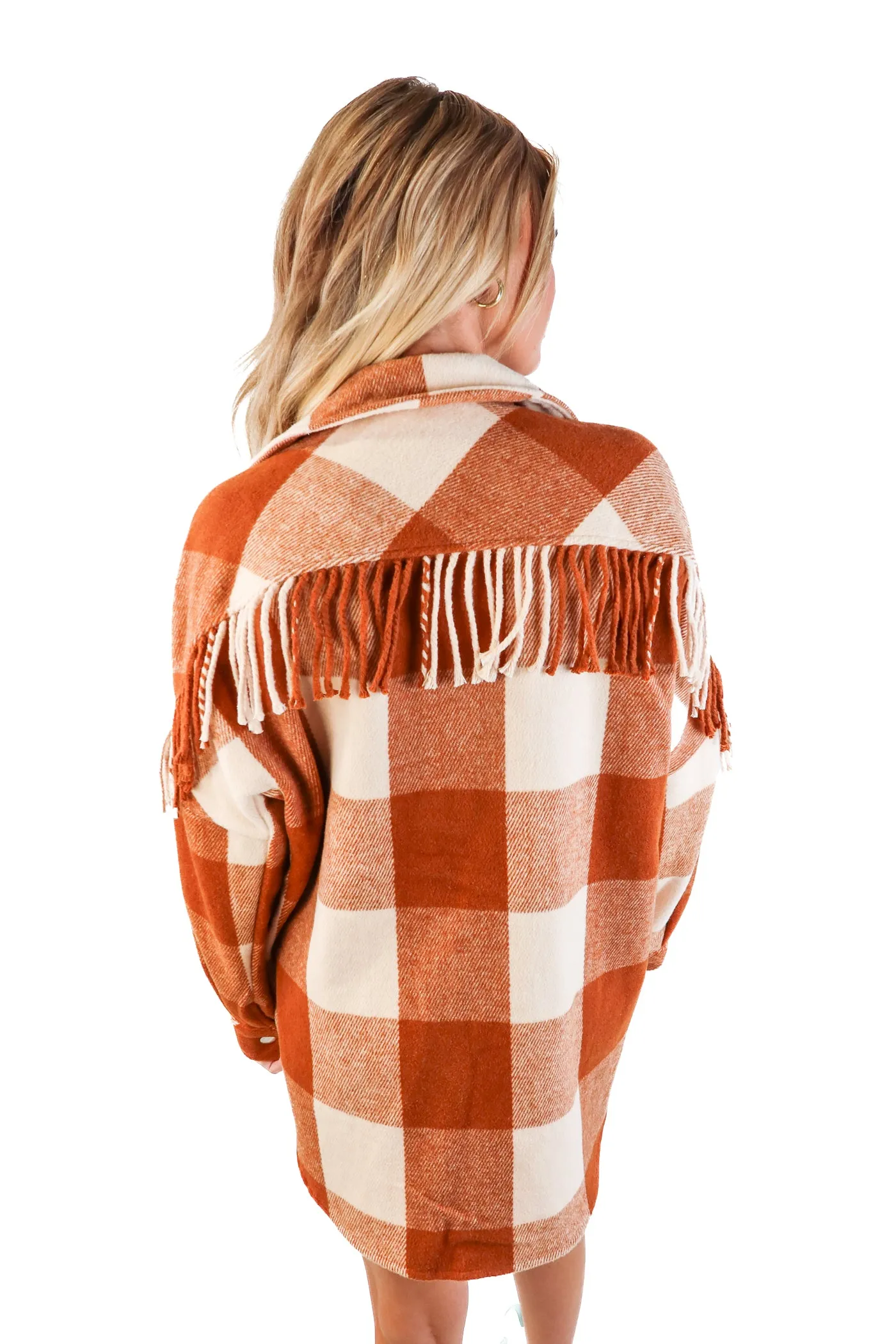 Steve Madden Burnt Orange Plaid Fringe Shacket NWT (XS)