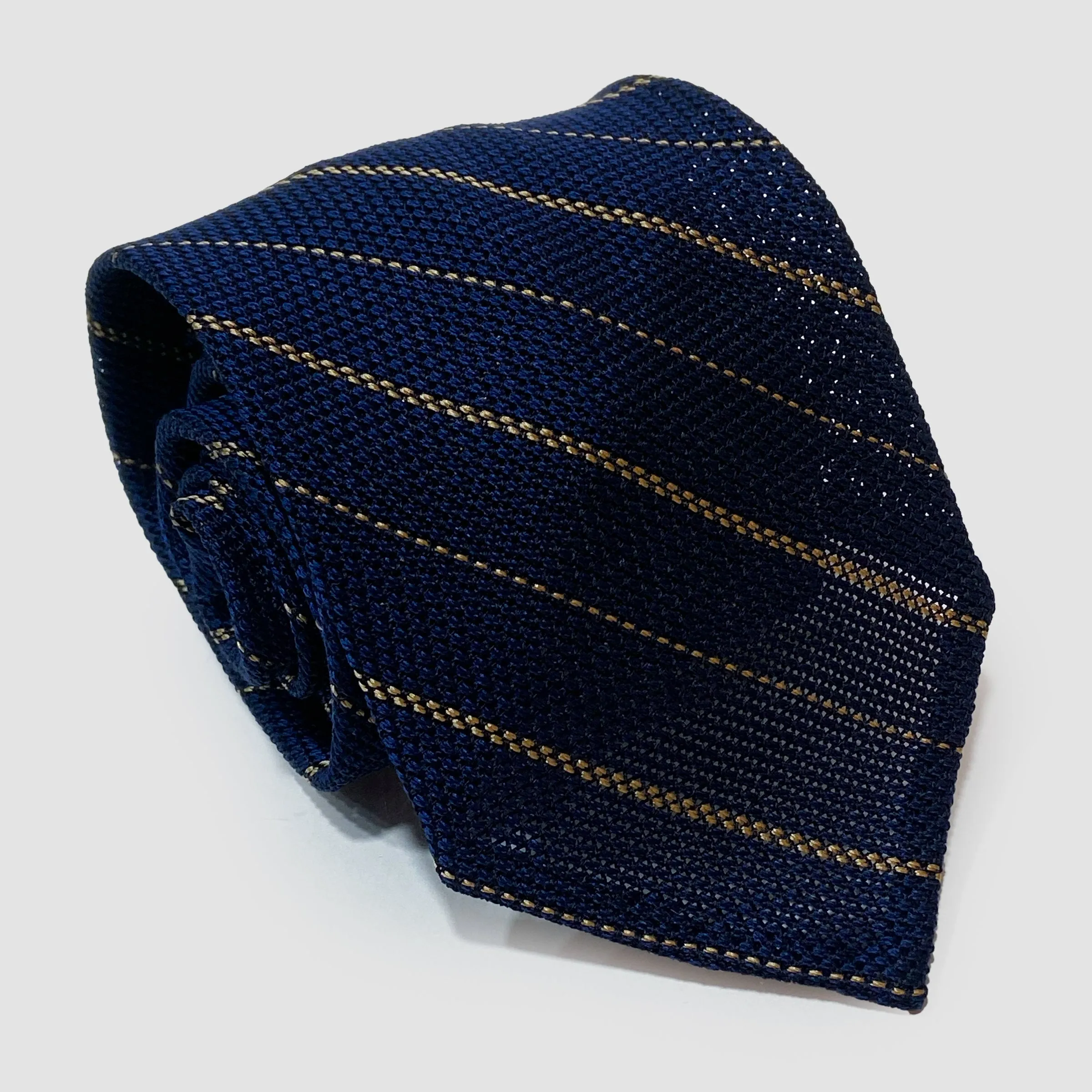 Striped Garza Silk Unlined Tie 8.5cm Navy Yellow