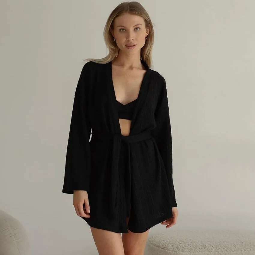 Three piece top and shorts set with robe